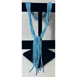 Vintage Blue Beaded Multi-Strand Knot Necklace 25” Boho Statement